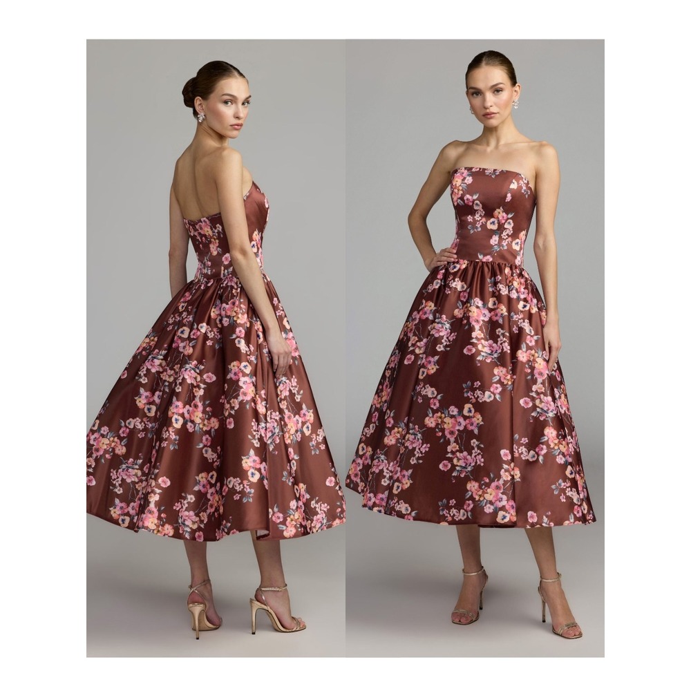 NWT Mac Duggal Bordeaux Floral Satin Strapless A-Line Midi Dress $458 - Size 12